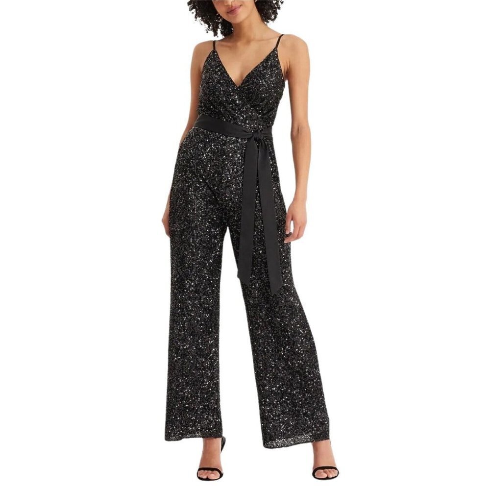 Express Womens Sequin V Neck Tie Waist Wide Leg Jumpsuit Size XS Black - Picture 2 of 16